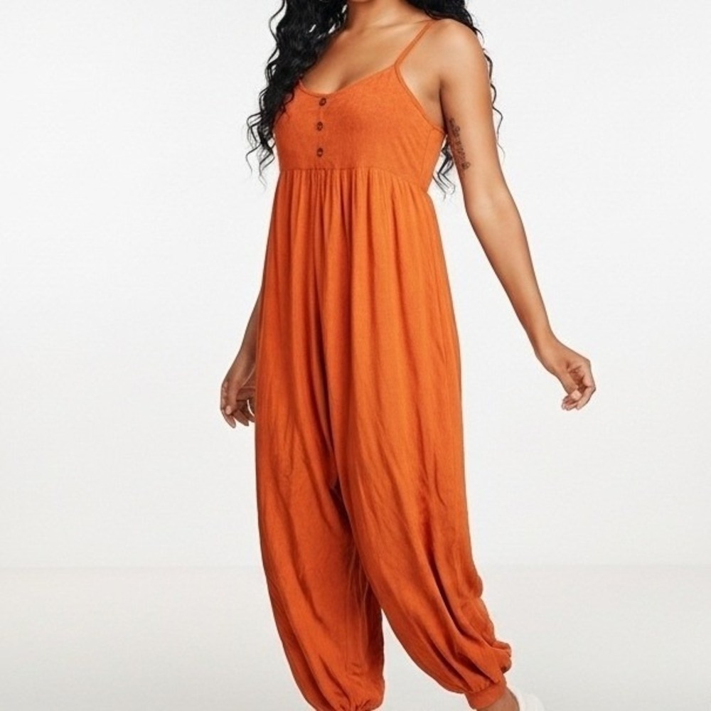 Orange Gauze Wide Leg Jumpsuit Spaghetti Strap Button Front Boho